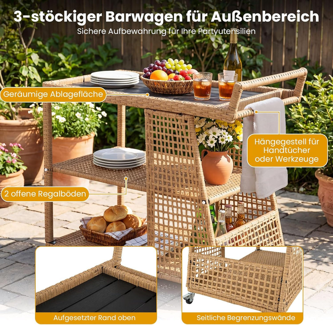 COSTWAY Servierwagen mit Rollen, Rattan Küchenwagen mit Arbeitsplatte & offenen Ablagen & seitlichem
