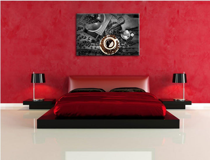 brühwarmer Kaffee mit Kaffeebohnen schwarz/weiss Format: 100x70 auf Leinwand, XXL riesige Bilder fer