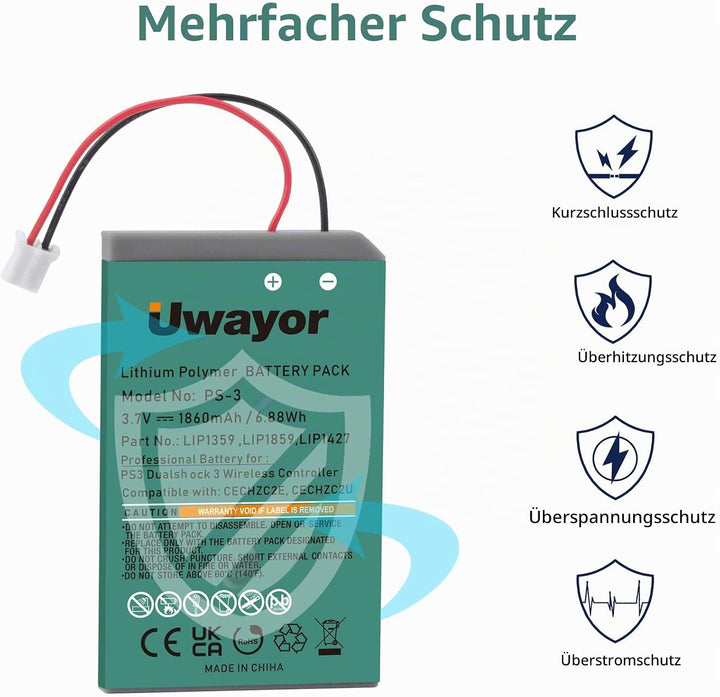 Uwayor Akku PS3 Controller Akku LIP1359 PS3 Ersatz Akku 2X 1860mAh für Sony Playstation 3 und Dualsh