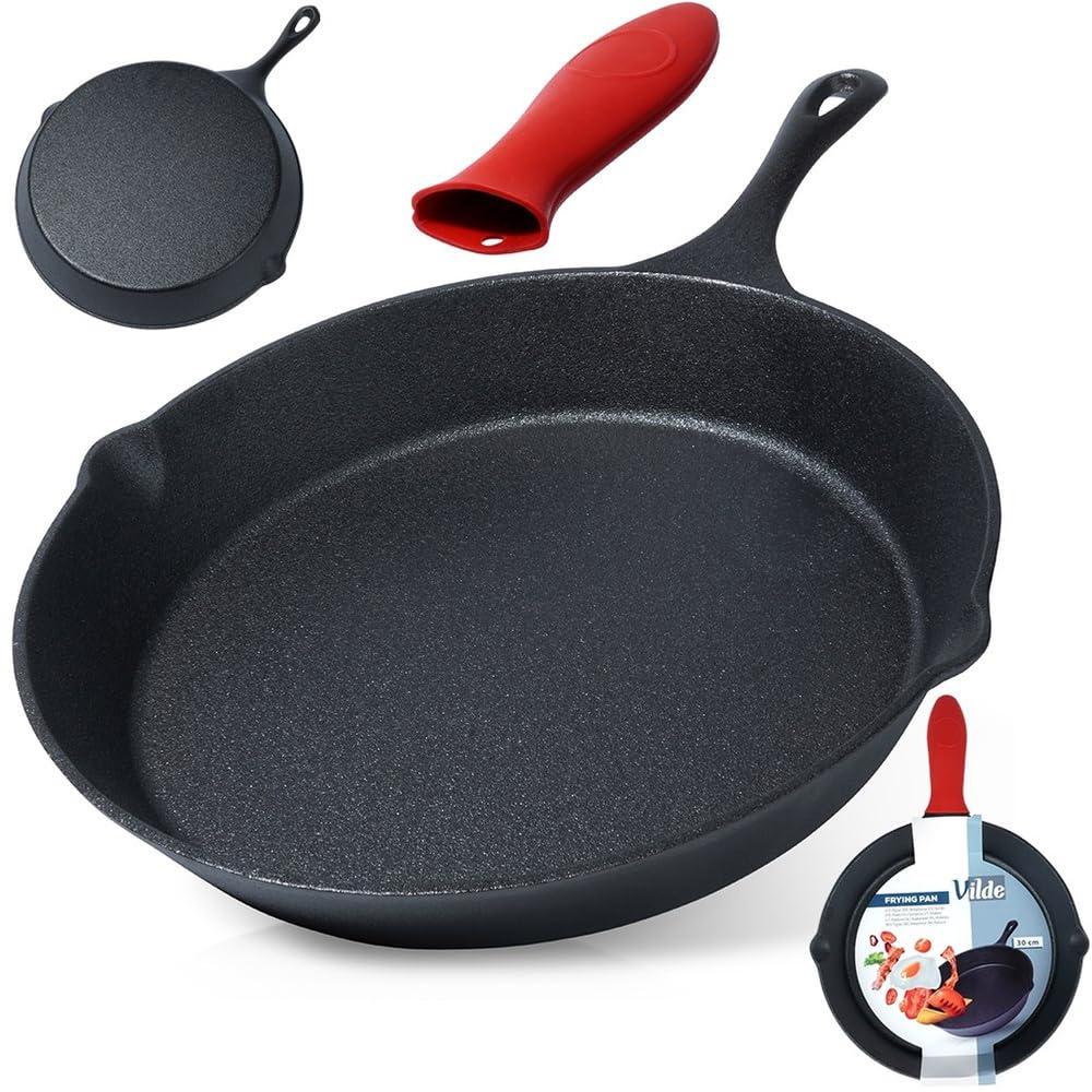 Vilde Gusseisenpfanne 30 cm - Vielseitige Gusseiserne Pfanne mit Rotem Silikongriffschutz - Ideal fü