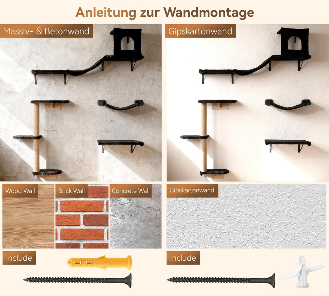 Kletterwand Katzen Set, 4-in-1 Katzen Kletterwand Set, Stabiler Katzenmöbel mit Hängematte, Katzenha