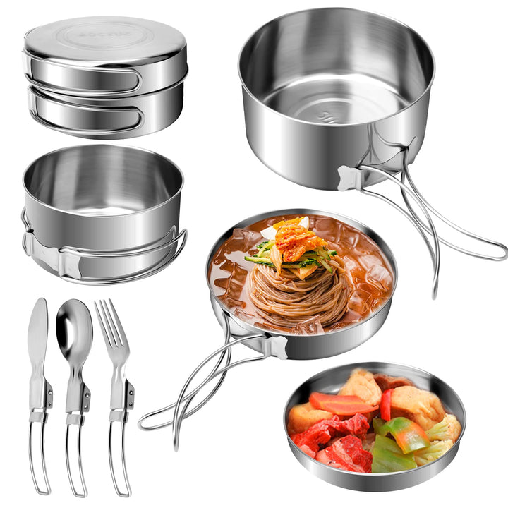 7 St¨¹ck Edelstahl Camping Kochgeschirr Set, Outdoor Kochgeschirr mit Faltbare Besteck, 1-2 Personen