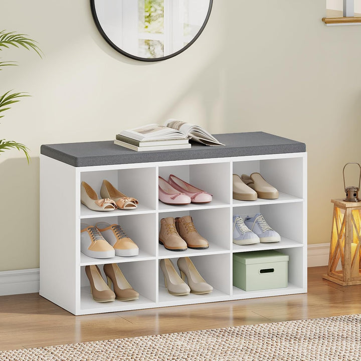 HOOBRO Schuhbank mit 9 Fächern, Schuhregal mit gepolsterter Sitzbank, Schuhschrank, für Flur, Wohnzi