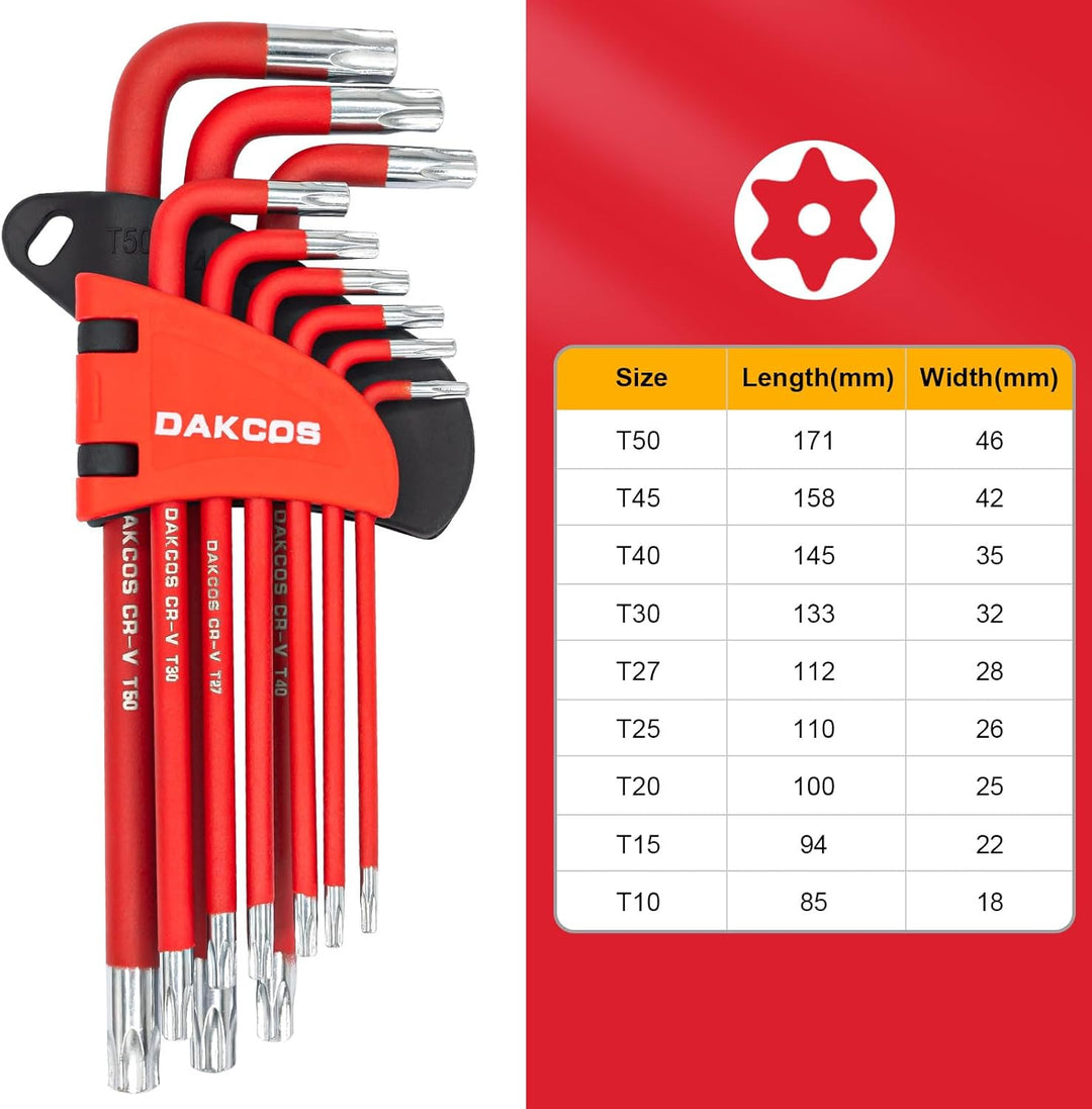 DAKCOS 18 tlg Torx Innensechskantschlüssel mit Griff TX & HX Winkelschlüssel | T10-T50 & 1,5mm-10mm