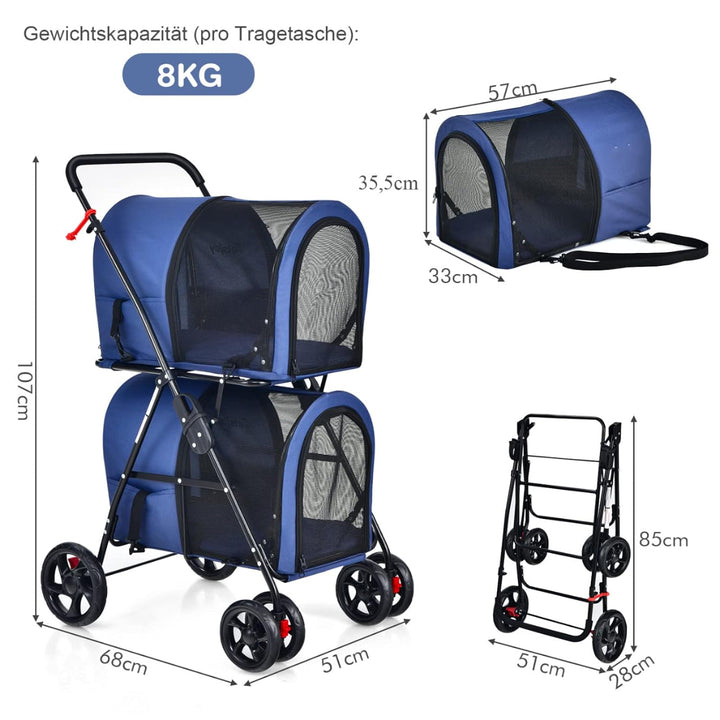 COSTWAY 2 Etagen Hundewagen Haustiere Buggy bis 16kg, Hundebuggy mit Netzfenstern &amp; Getränkehalter &amp;
