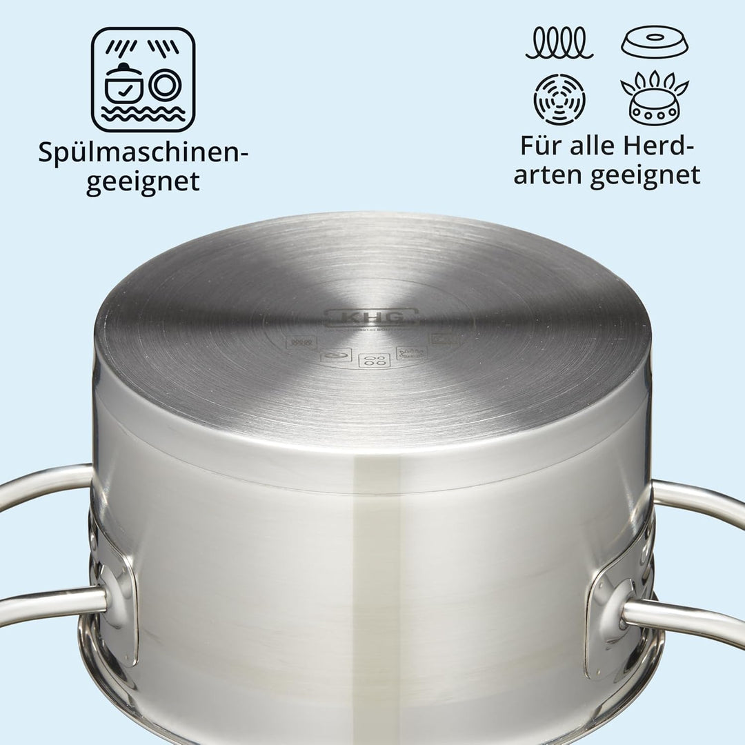 KHG Topf Kochtopf Fleischtopf 16 cm Induktion, Edelstahl unbeschichtet inkl. Glasdeckel | 9,5 cm hoh