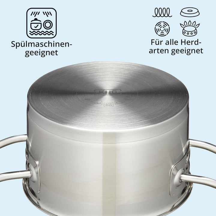 KHG Topf Kochtopf Fleischtopf 16 cm Induktion, Edelstahl unbeschichtet inkl. Glasdeckel | 9,5 cm hoh