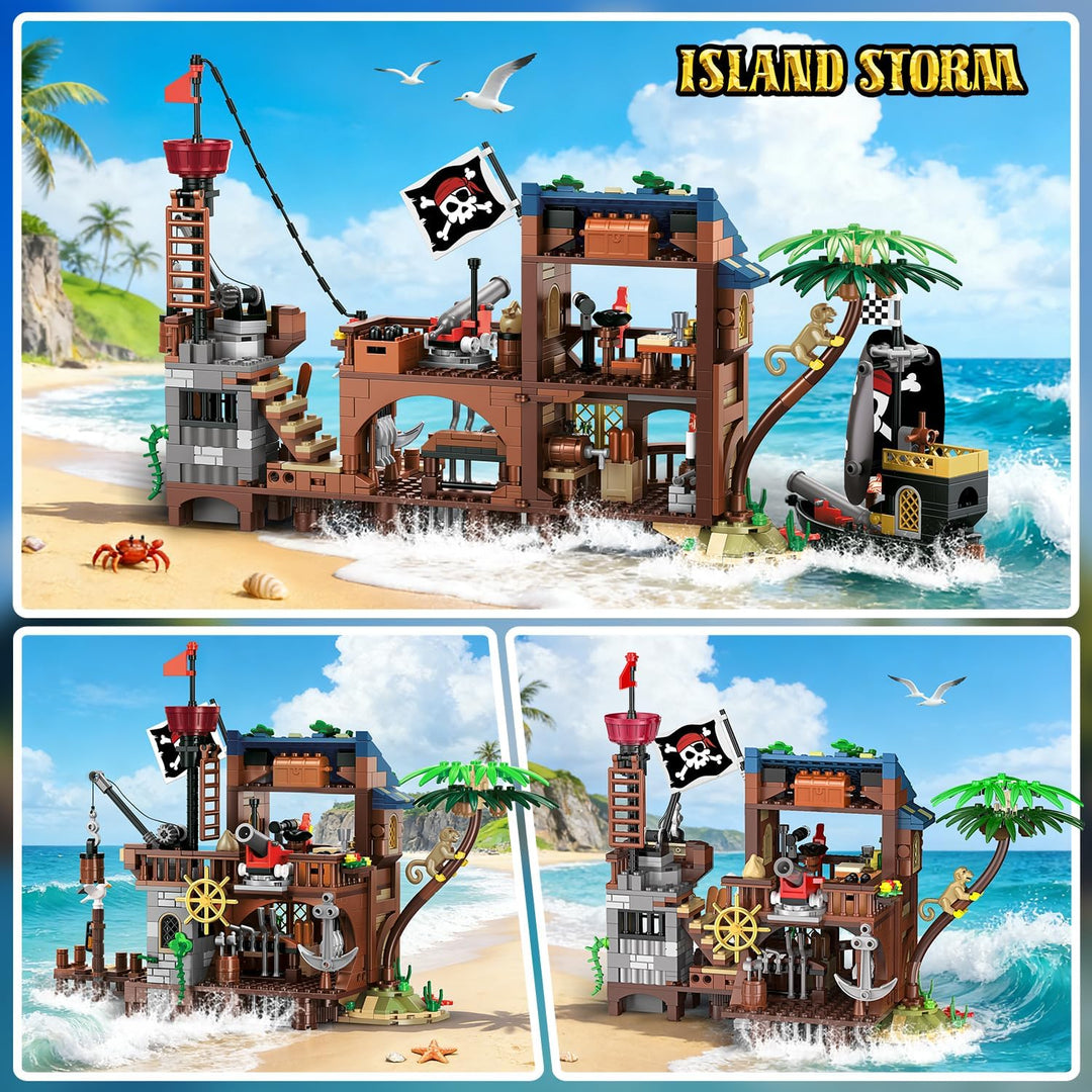 HOGOKIDS Piratenhafen Bauset mit LED, 3 Darstellungsmodi Piratenschiff-Haus-Bauspielzeug, kreatives