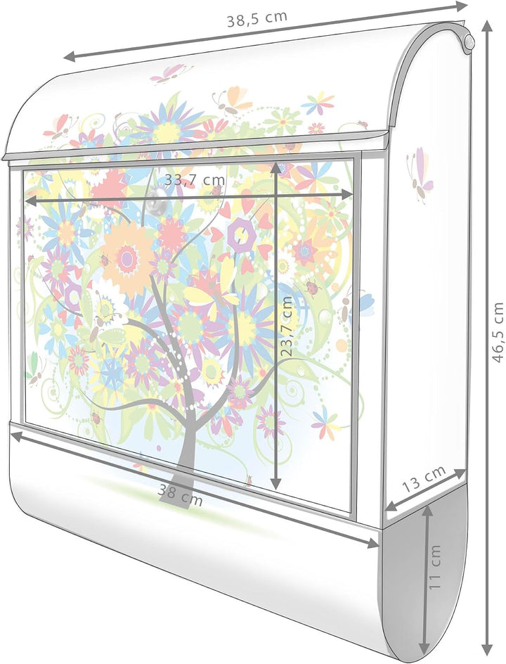 banjado® Design Briefkasten mit Motiv Märchenzauberbaum 39x47x14cm &amp; 2 Schlüssel - Briefkasten Stahl