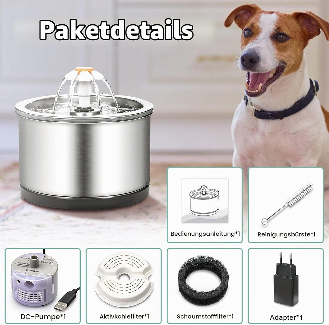 Diealles Shine Katzenbrunnen Edelstahl, 2.5L Ultra-Leise Katzen Trinkbrunnen, Wasserspender Katzen E
