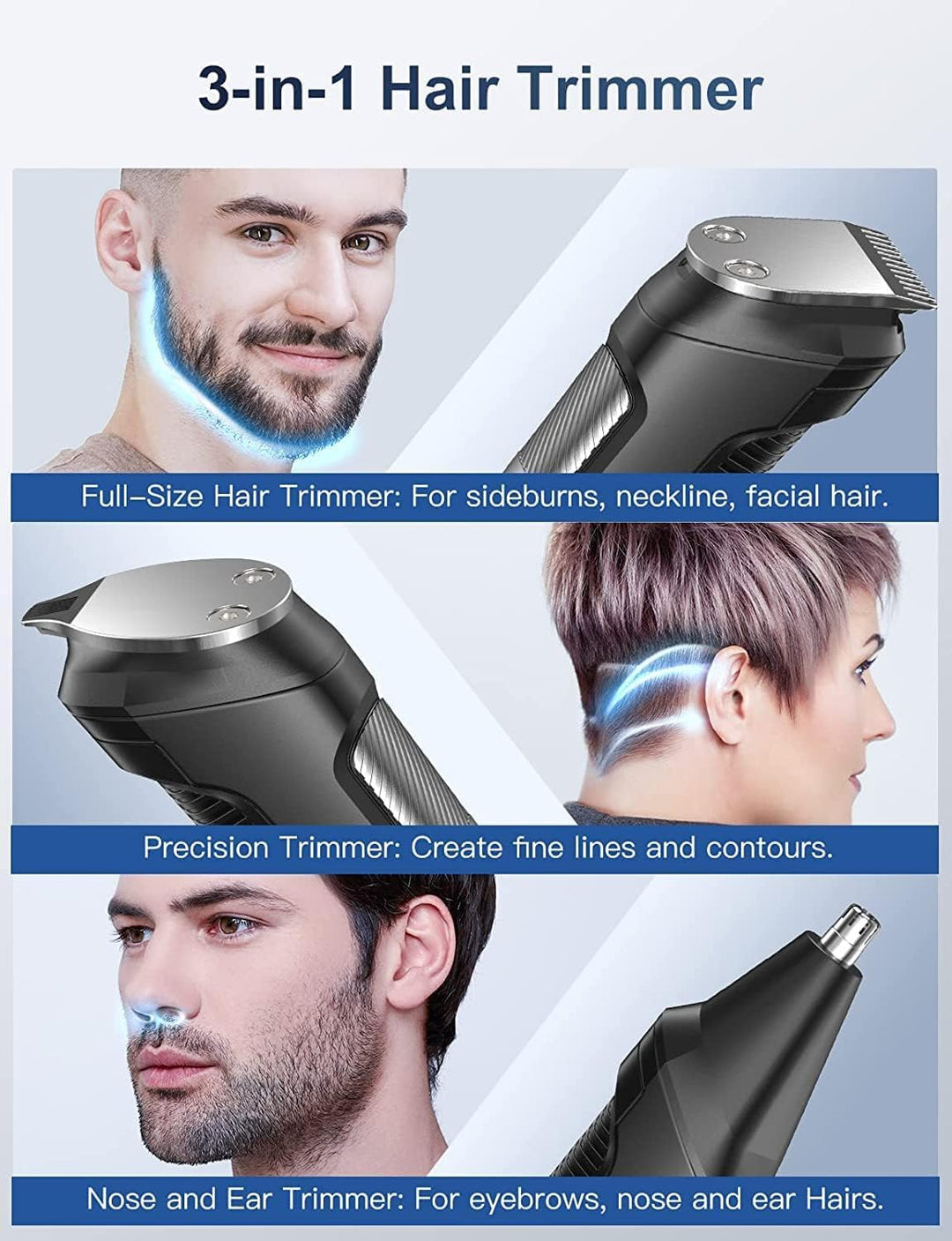 Barttrimmer Herren Haarschneidemaschine, All-in-1 Bartschneider Nasenhaartrimmer Kabellos, USB Wiede