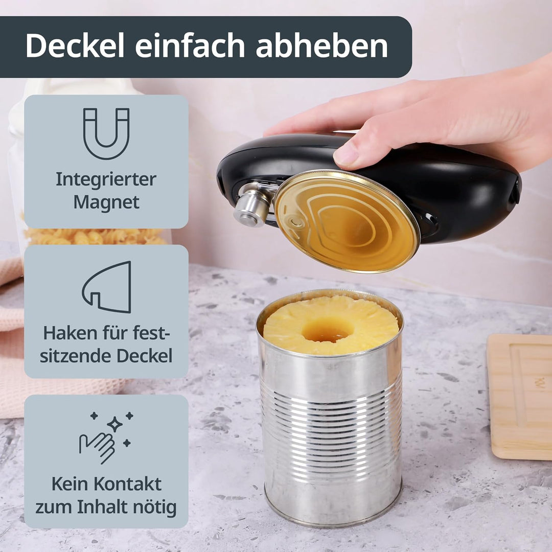 ADE Elektrischer Dosenöffner | perfekt für Senioren | praktischer Deckelöffner mit Magnet und Haken