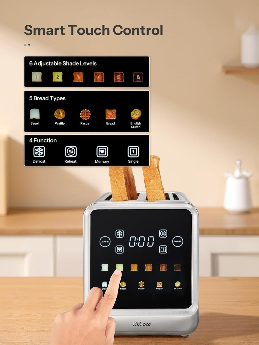 Toaster Langschlitz Edelstahl mit Smart Touchscreen & Memory-Funktion, Toaster 4 Scheiben mit 6 Bräu
