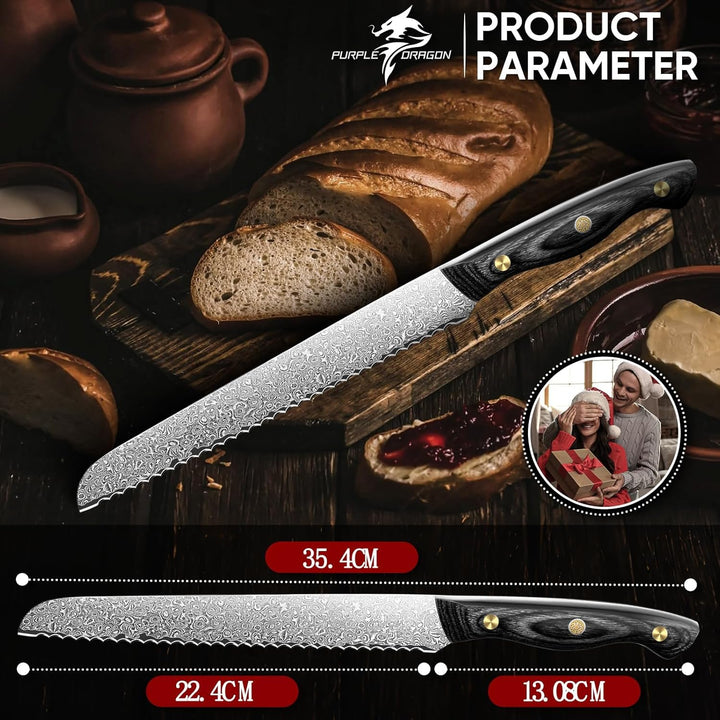 Purple Dragon Damast brotmesser wellenschliff - Sägemesser Brot mit VG10 Kernen - Tomatenmesser mit