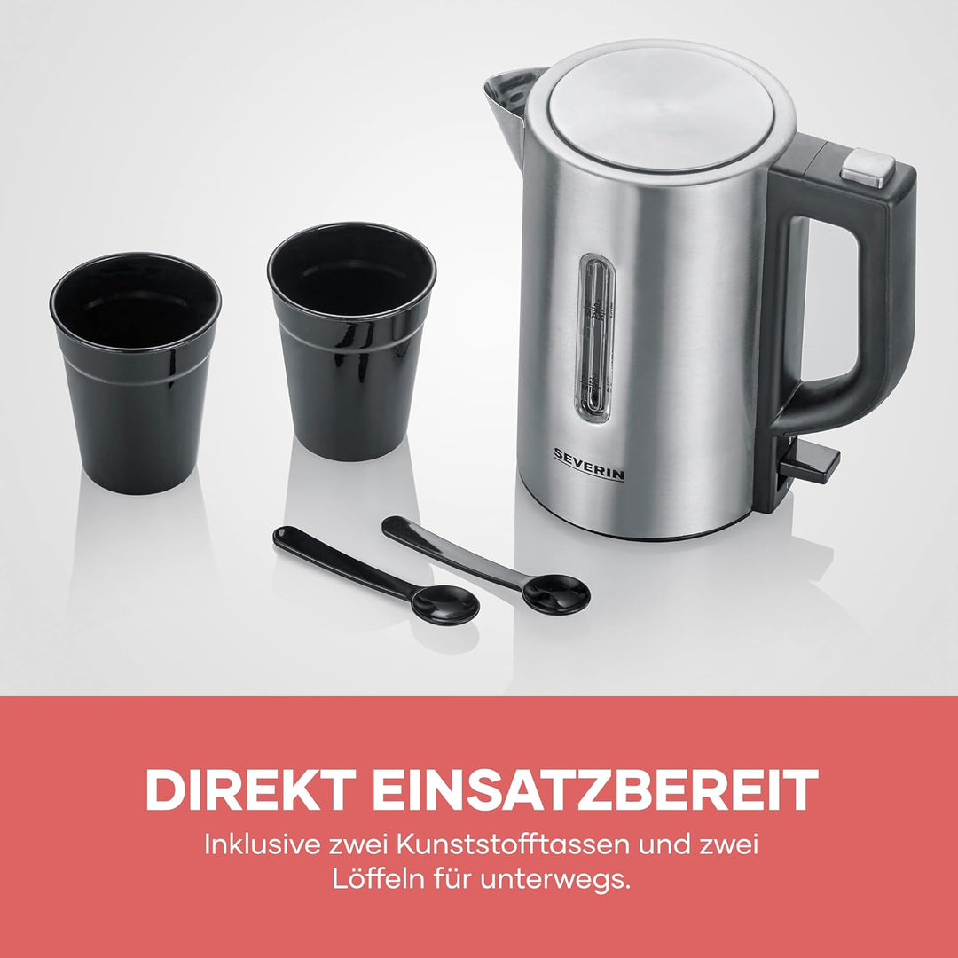 SEVERIN Reise-Wasserkocher-Set, Mini-Reisewasserkocher für 0,5 L, elektrischer Wasserkocher mit 2 Ku