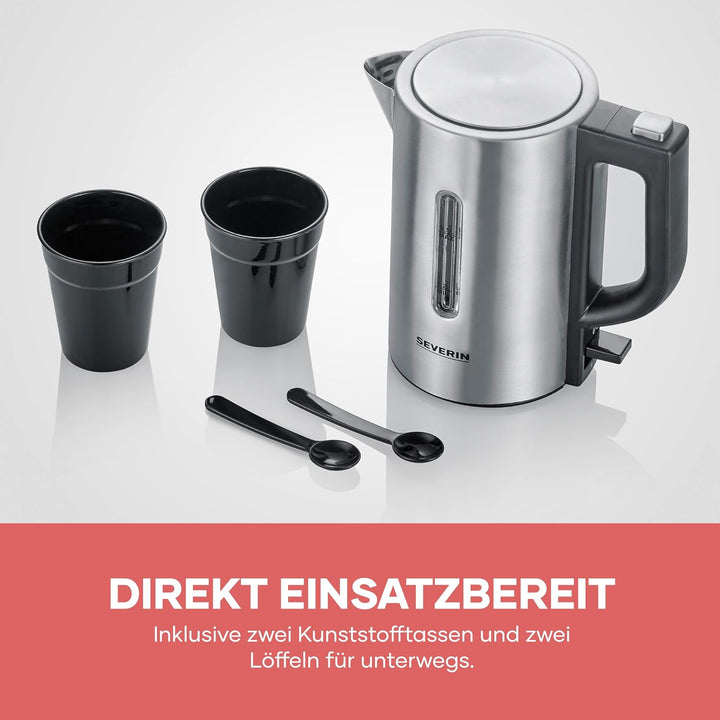 SEVERIN Reise-Wasserkocher-Set, Mini-Reisewasserkocher für 0,5 L, elektrischer Wasserkocher mit 2 Ku