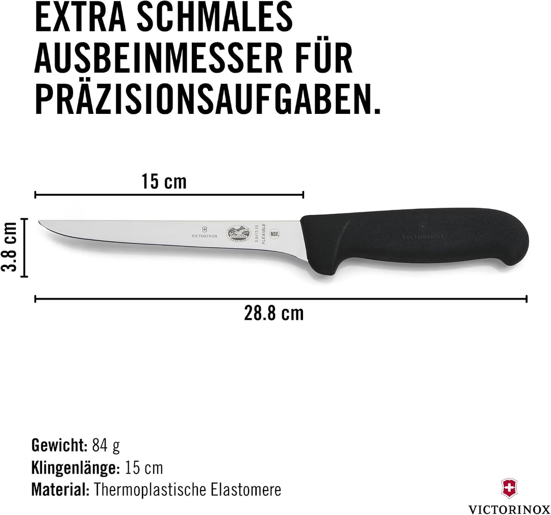 Victorinox Fibrox Ausbeinmesser, Scharfes Küchenmesser für Fleisch und Geflügel, 15 cm, Gerade Kling