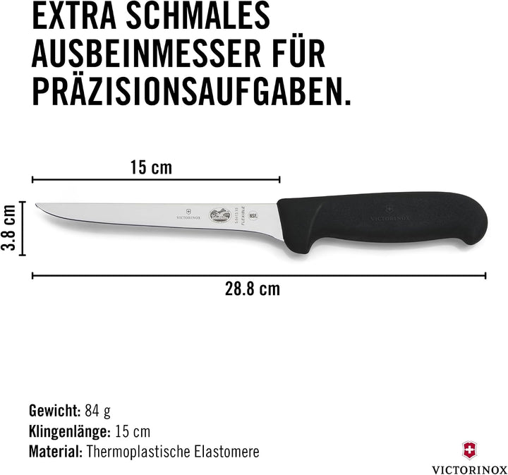 Victorinox Fibrox Ausbeinmesser, Scharfes Küchenmesser für Fleisch und Geflügel, 15 cm, Gerade Kling