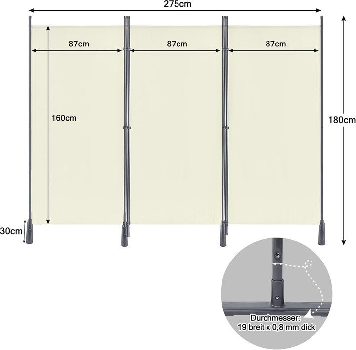 Paravent Outdoor Sichtschutz Trennwand 3 Teilig 275x180cm Raumtrenner mit Flache Füsse Anti-UV Wette