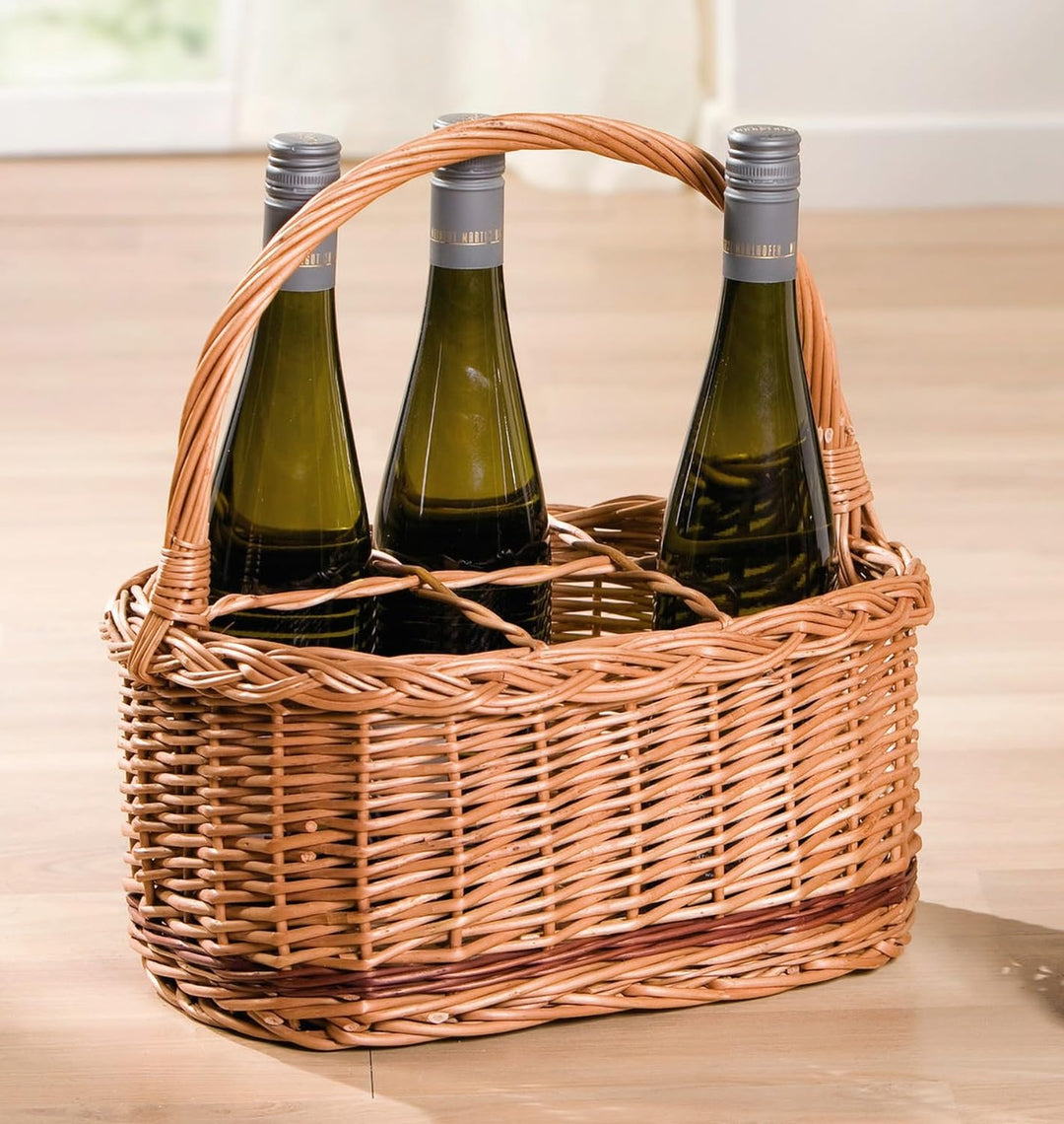 Dekoleidenschaft Flaschenkorb aus Weide “Rustico” für 6 Flaschen, Transportkorb, Flaschenträger, Fla