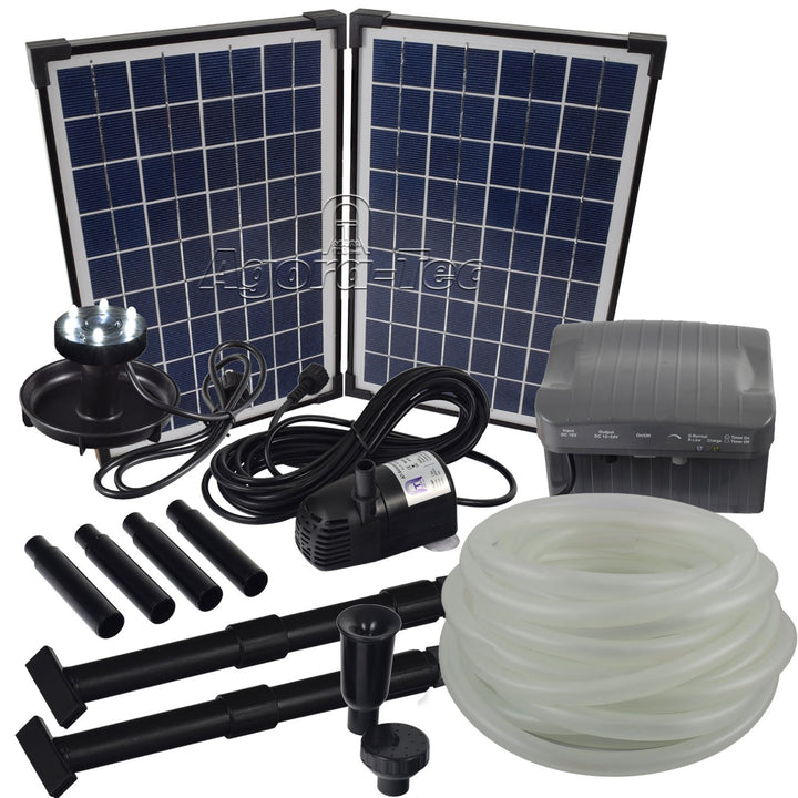 Agora-Tec® at-Solar Bachlaufpumpen - Set 20W-BLH mit Akku und 6- Fach LED Ring inklusive 9 Meter Bac