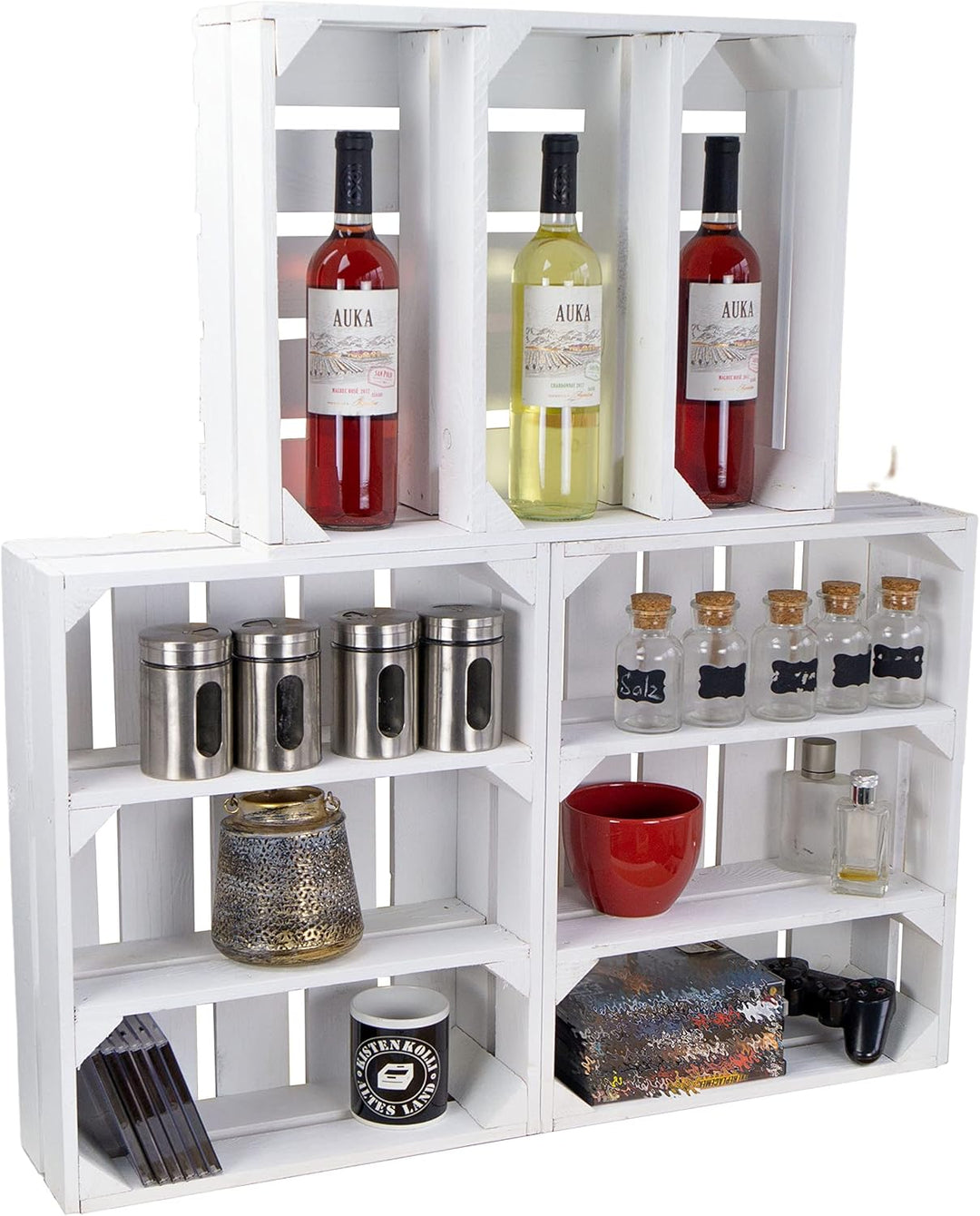 flache Obstkiste "Wilma" weiss mit zwei Einlegeböden / Zwischenbrettern ca 50x40x16cm/ Regalkiste Ge