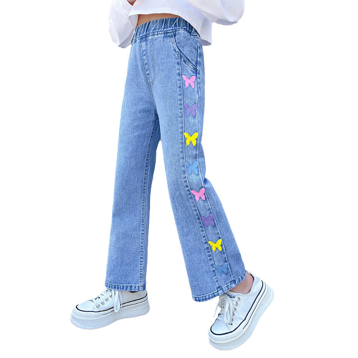 Rolanko Mädchen Jean Hosen Loch Denim Blau Jeans, Vintage Hose mit weitem Bein für Kinder Fit 5-6 Ja