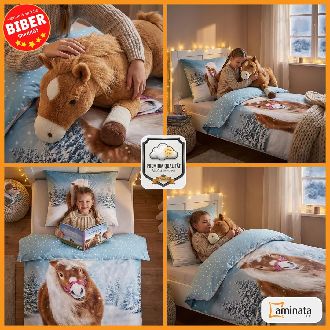 Aminata kids Biber Bettwäsche 135 x 200 Kinder Pferde-Motiv Mädchen Flanell Baumwolle, Reissverschlu