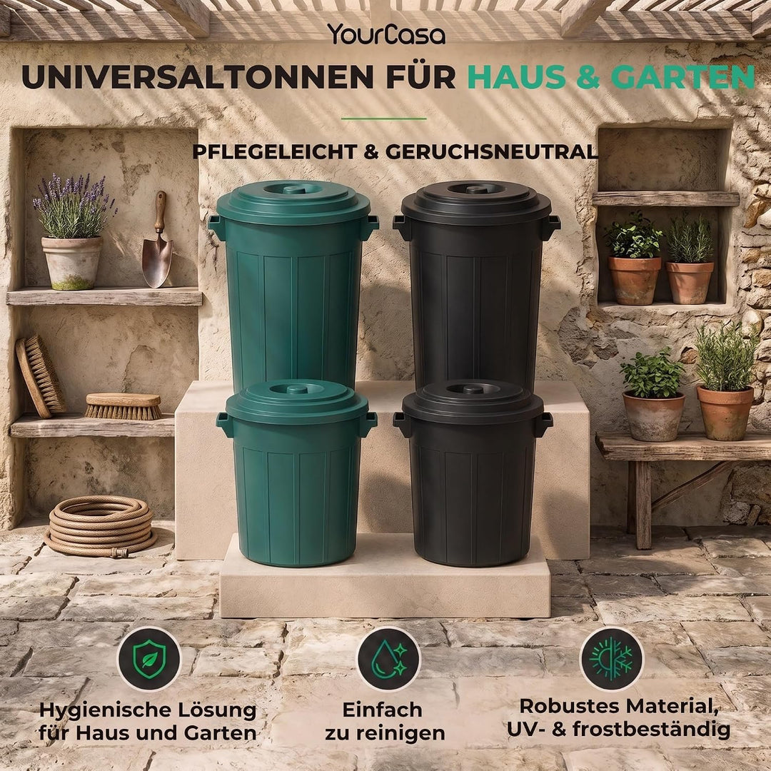 YourCasa Mülltonne 70L - Mülleimer mit Deckel verschliessbar - Tonne mit Trageriffen für Garten - Fu