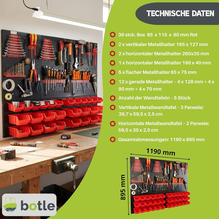 botle® Werkzeugwand Lochwand aus Metall, Stapelboxen + Wandregal + Werkzeughalter 63-tlg Set, Kleint