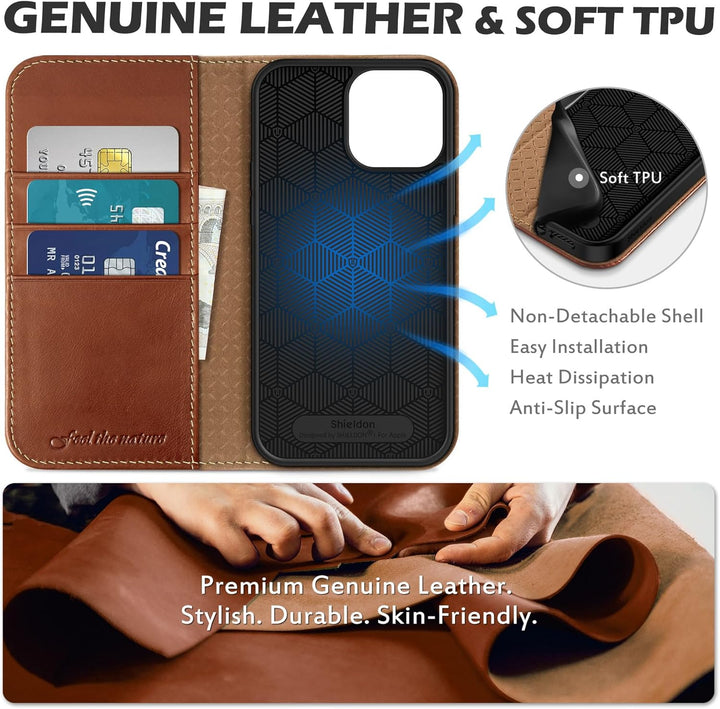 SHIELDON Hülle für iPhone 13 Pro Max Handyhülle TPU [Echtleder] [Kartenfach] [Magnet] [Standfunktion