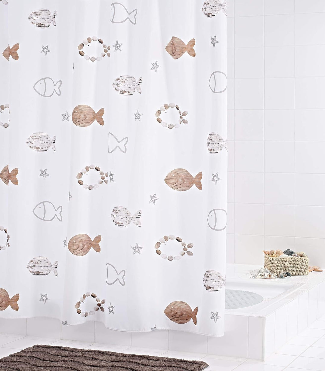 RIDDER Duschvorhang Textil Fishes inkl. Ringe beige 180x200 cm