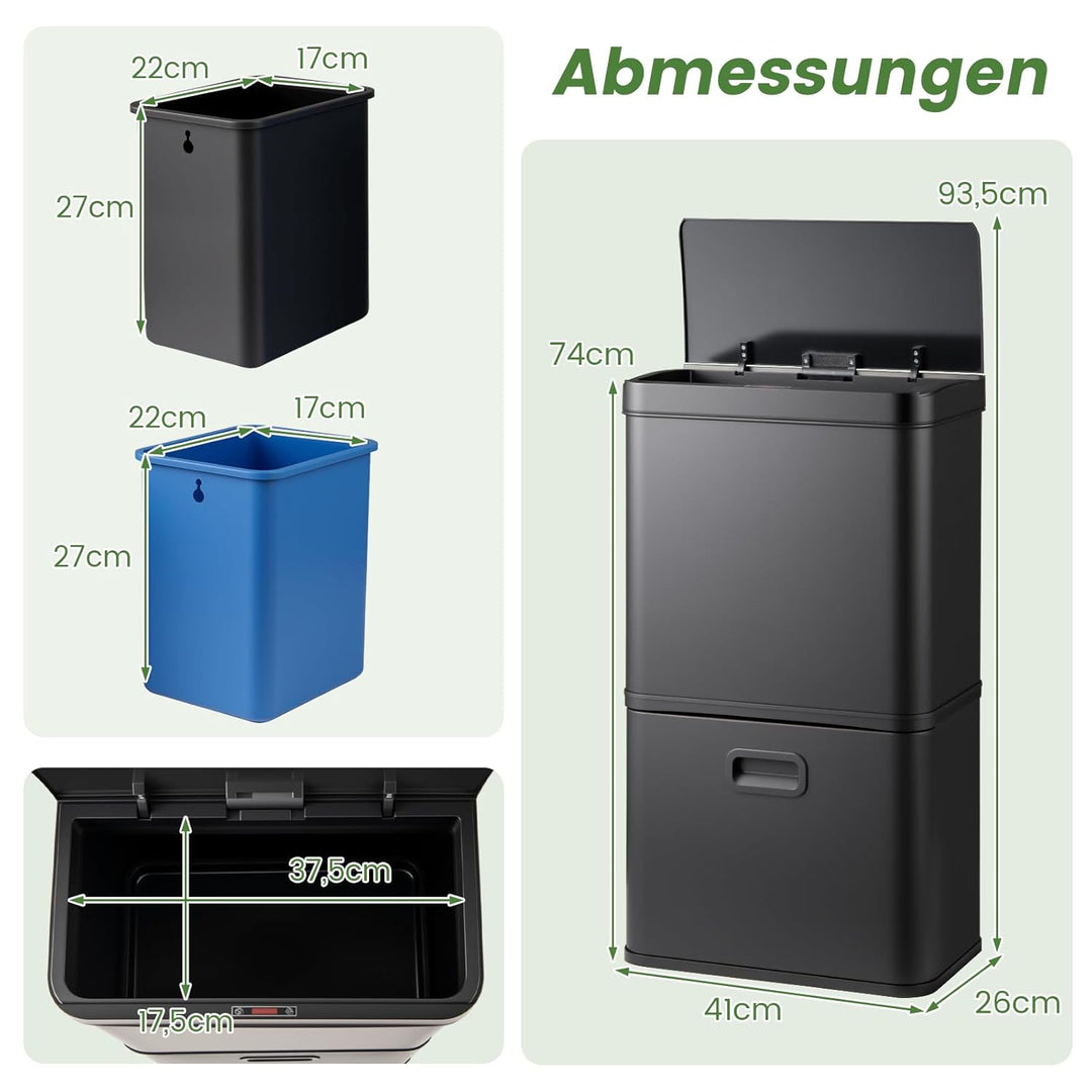 COSTWAY Mülleimer 3 Fächer, 56L Mülltrennsystem inkl. 2 ausnehmbaren Abfallbehältern, 2 x 10L + 36 L