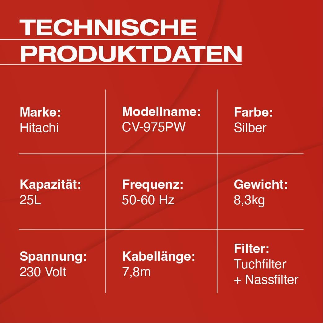 Hitachi CV-975PW Nass- und Trockensauger - 1600W Power, 30L Edelstahlbehälter - 25L Trocken- & 20L N