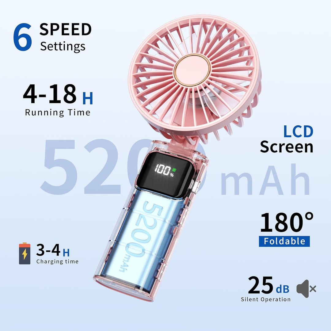 Handventilator, Tragbarer Mini Ventilator, 5200mAh Wiederaufladbar, Kleiner Taschenventilator Mit 6