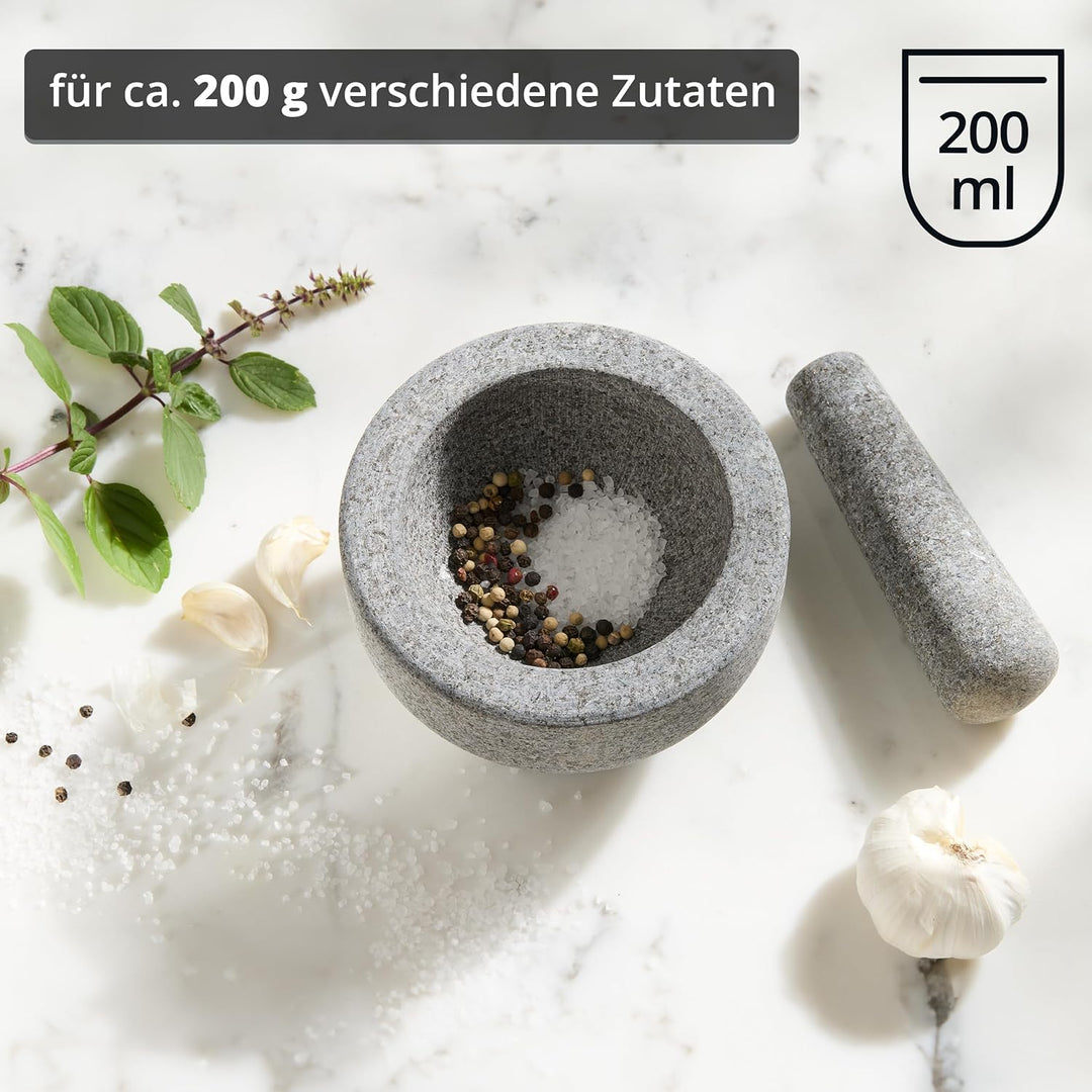 KHG Mörser mit Stössel aus Granit für Gewürze, gross XL mit 2,5 kg rutschfest, polierter Steinmörser