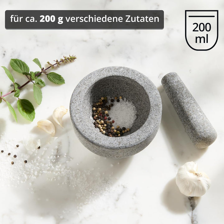 KHG Mörser mit Stössel aus Granit für Gewürze, gross XL mit 2,5 kg rutschfest, polierter Steinmörser