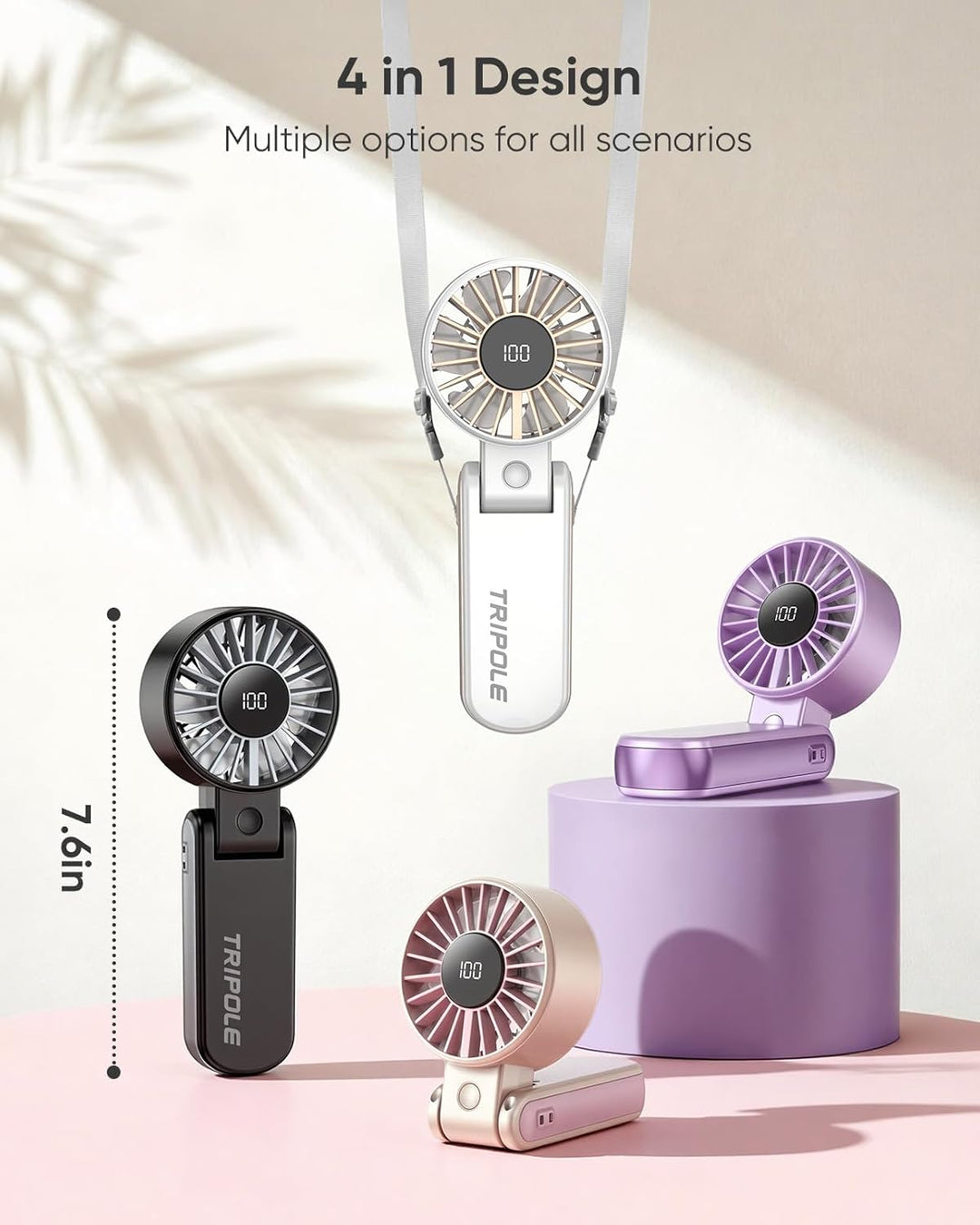 TriPole Handventilator, tragbarer USB Ventilator, 5 Geschwindigkeiten, starker Luftstrom, LED-Anzeig