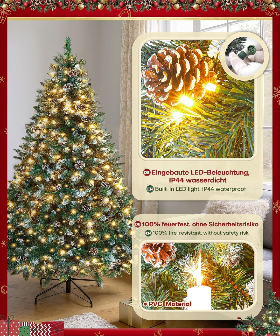 Yorbay künstlicher Weihnachtsbaum mit Beleuchtung und weissem Schnee, LED Tannenbaum für Weihnachten