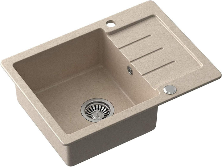 VBChome Spülbecken mit Armatur Beige Granit 60 x 44 cm Einzelbecken Einbauspüle gesprenkelt reversib