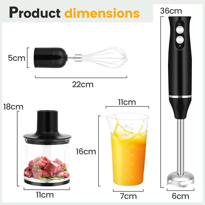 4-in-1 Stabmixer Edelstahl 500W, Pürierstab mit 2 Geschwindigkeiten, Hand Blender Set mit Schneebese