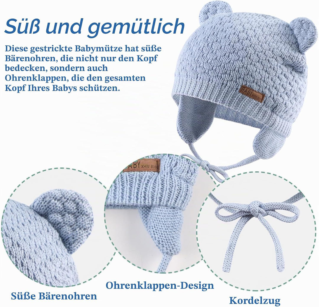 XIAOHAWANG Baby Wintermütze Jungen Mädchen Warmer Strickmützen Weicht Baumwolle-Futter mit Süsse Bär