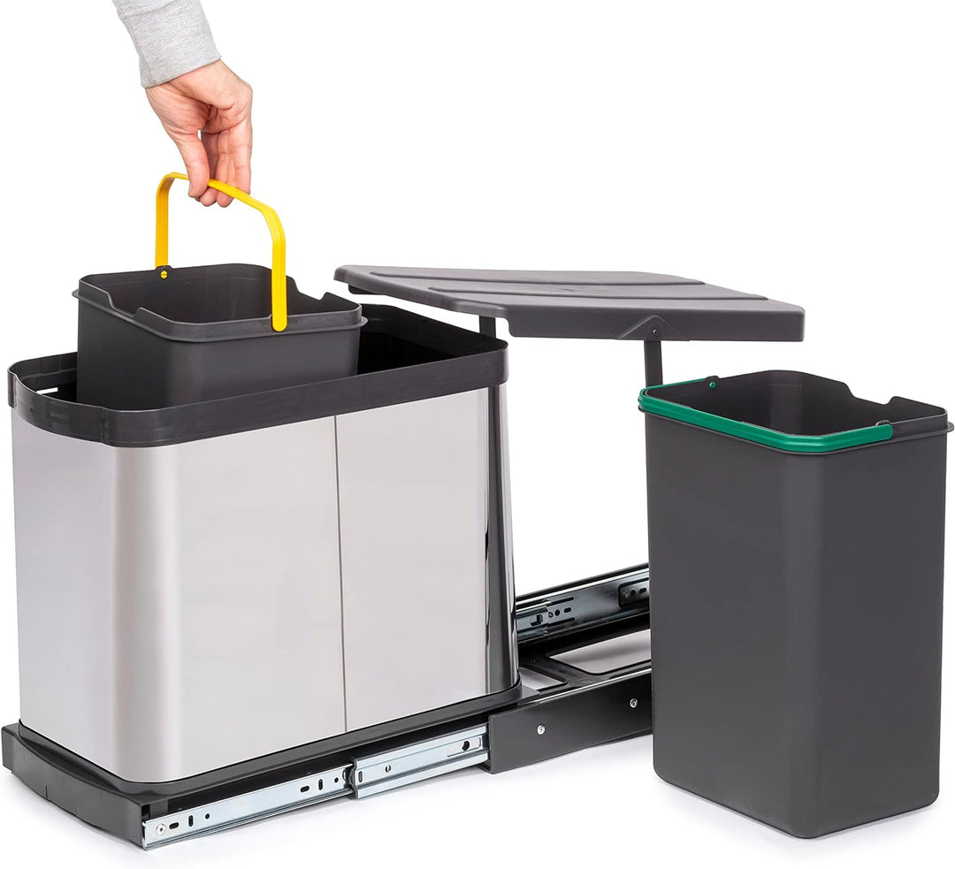 Emuca - Küchenabfallbehälter Recycle Inox, 2 x 12 L, Bodenbefestigung und Handauszug, Edelstahl Inox