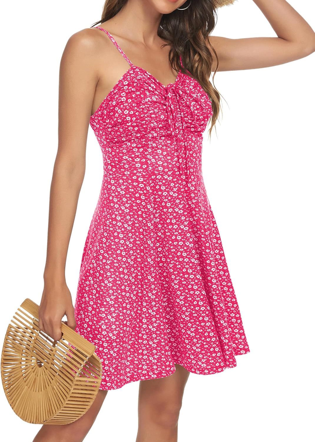 Missufe Damen Sommerkleid Swing Blumenkleid Freizeitkleid Spaghettiträger Cami Kleider XS Heisses Ro