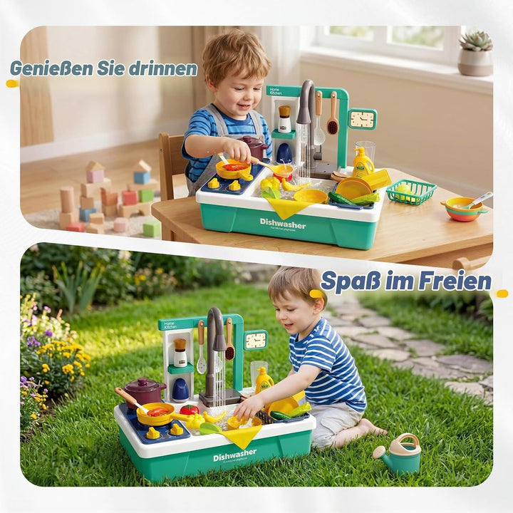 Kinder Küchenspüle Spielzeug Set mit Wasserkreislauf &amp; Fliessendem Wasser, Geschirrspüler, Spülbecke