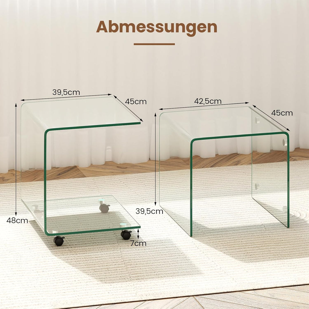 COSTWAY Beistelltisch aus gehärtetem Glas mit Rollen, Glastisch C-Form, Nachttisch, Sofatisch, Kaffe