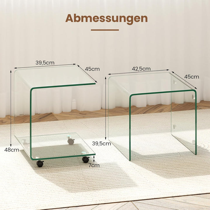 COSTWAY Beistelltisch aus gehärtetem Glas mit Rollen, Glastisch C-Form, Nachttisch, Sofatisch, Kaffe