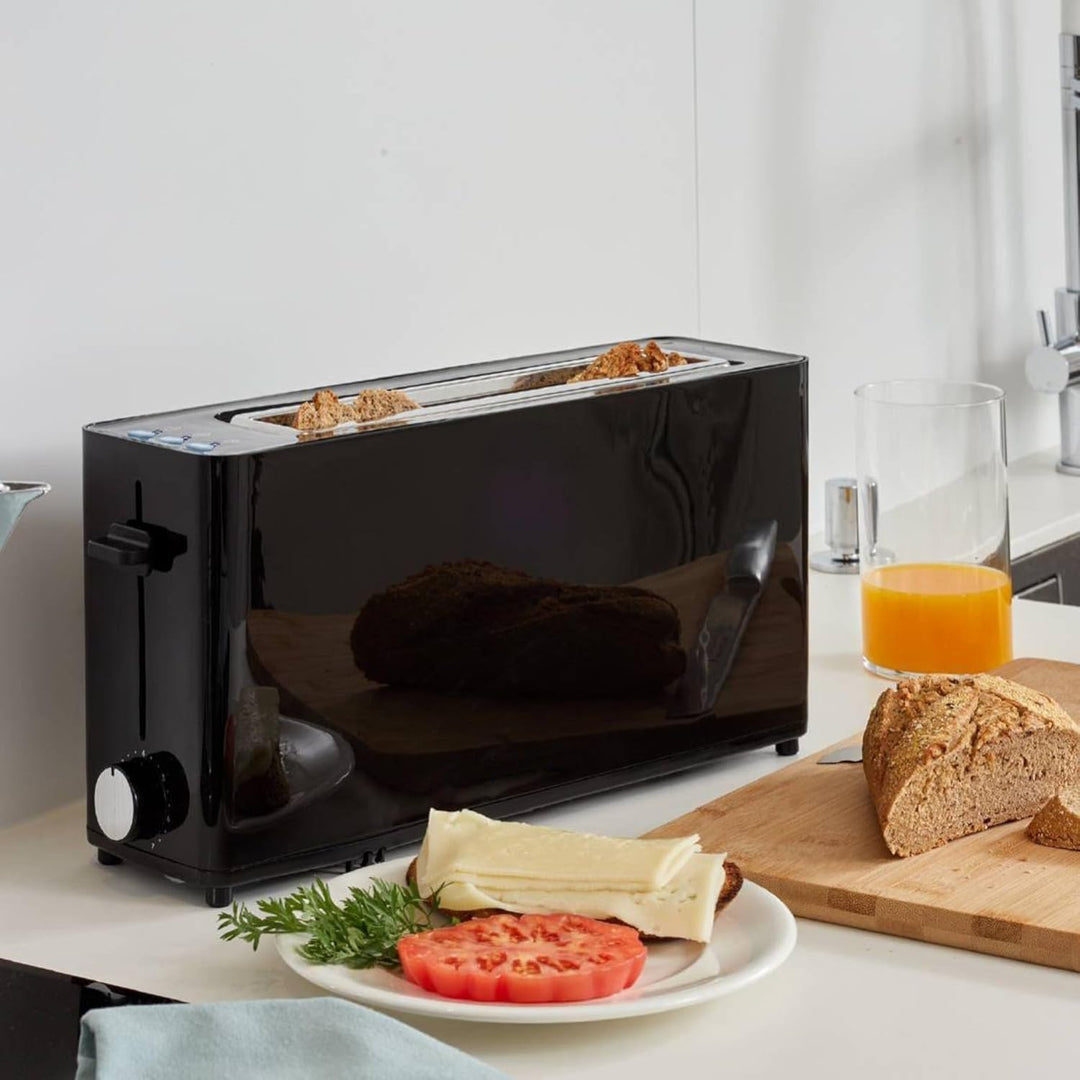 Bastilipo - Firefox - AN900 - Schwarzer Toaster - Langer Schlitz für 2 Scheiben mit 900 W - Auftaufu