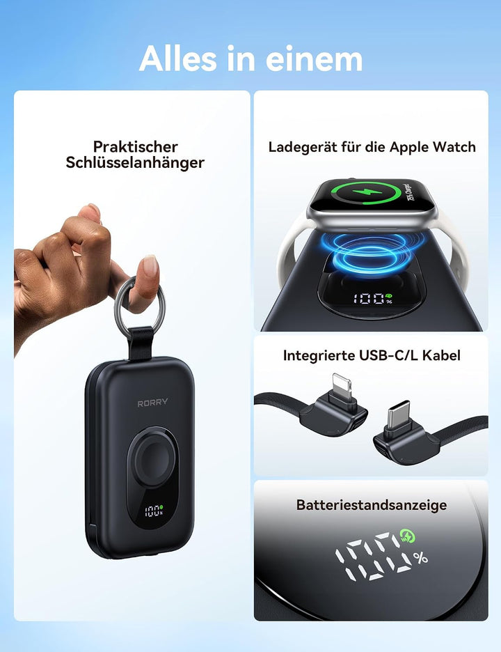 RORRY Powerbank,Power Bank 20000mAh 30W PD Schnellladen,Portable Charger mit 2 Integrierten Kabeln,