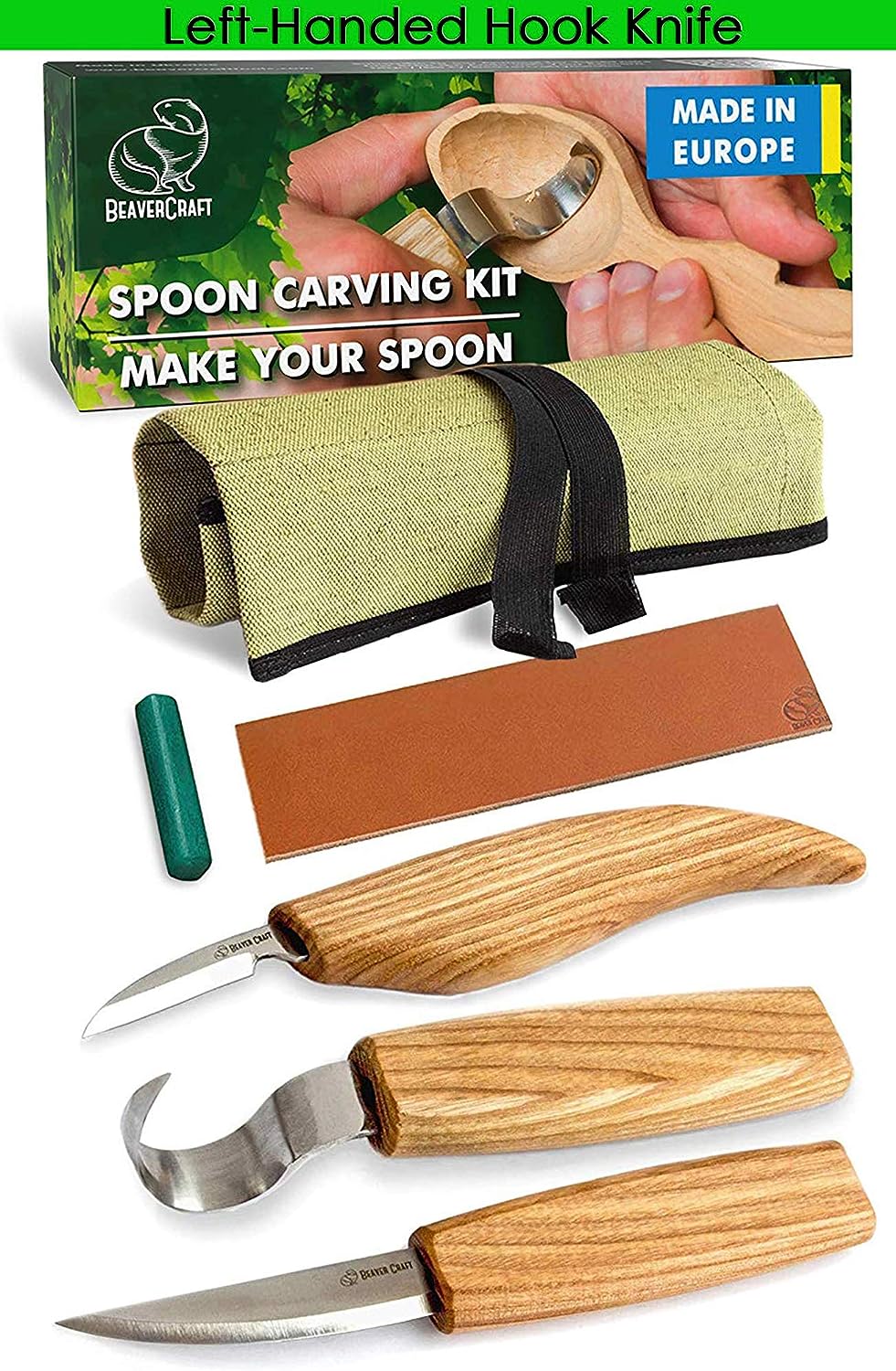 BeaverCraft S13L Holzschnitzerei Werkzeuge Set für Löffelschnitzen 3 Messer in Werkzeugsrolle Abzieh